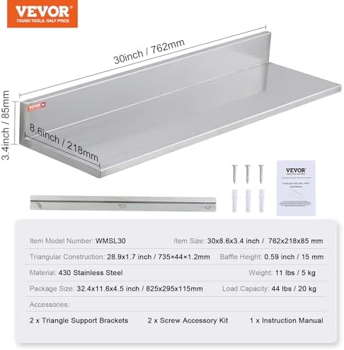 VEVOR 8.6" x 30" -2 Pack Stainless Steel Shelf, Wall Mounted Floating Shelving - Image 3