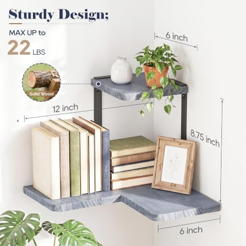 SRIWATANA 2-Tier Corner Wall Shelf, Rustic Wood Display Shelf Weathered Grey - Image 2