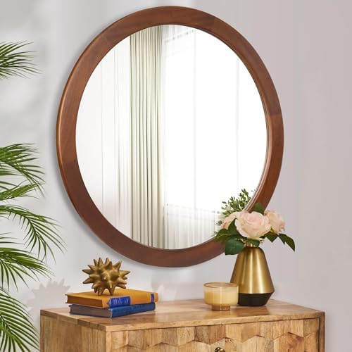 Round Mirror 36 Inch, Wood Rustic Bathroom Wall Mirror - Image 3