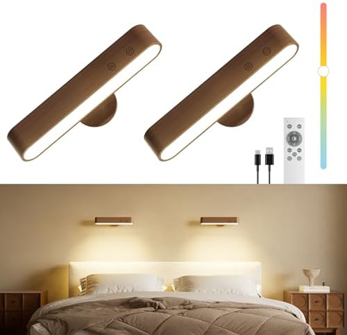 Rechargeable Wall Sconces Set of Two, Walnut Wood Battery Operated Wall Sconce by WelcometoPopoIron