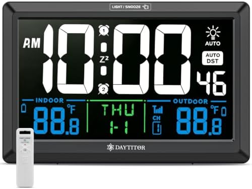 Digital Wall Alarm Clock with Large Display, Indoor/Outdoor Temp by DAYTITOR