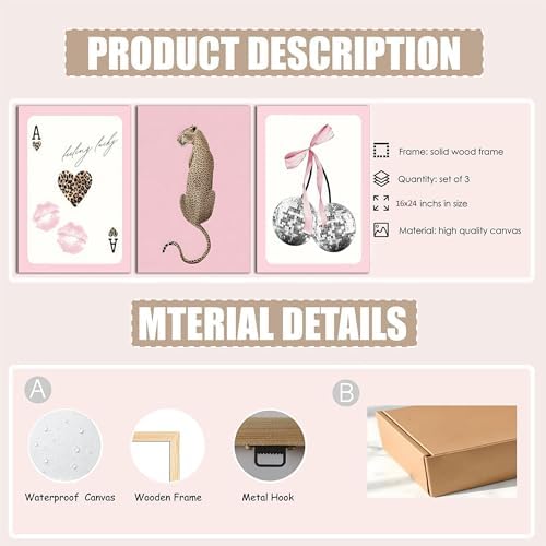 FTHMTN 3pcs Pink Cheetah Wall Art, Y2K Leopard Wrapped Canvas 16x24 inch - Image 2