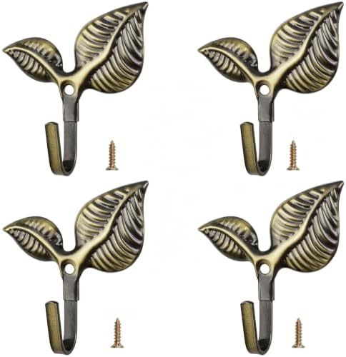 Set of 4 Vintage Leaf Wall Hooks Antique Bronze Coat Hooks Heavy Duty by Unknown
