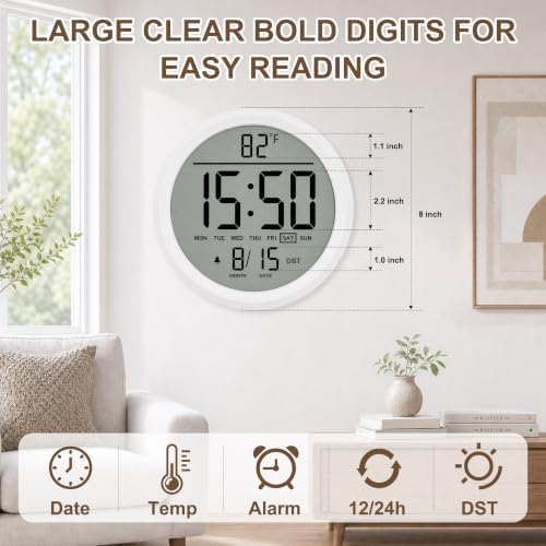 8" Round Digital Wall Clock Battery-Operated, Large Display Clock - Image 3