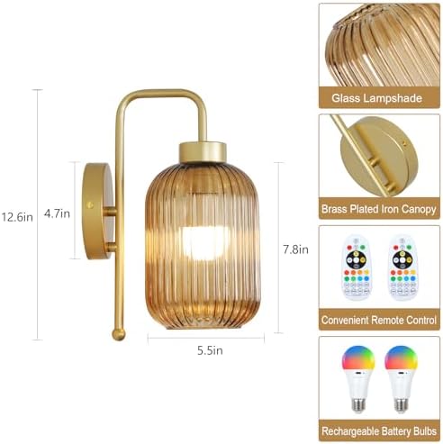 LAMSU Vintage Gold Wireless Wall Sconces Battery Operated, Rechargeable Wall - Image 3