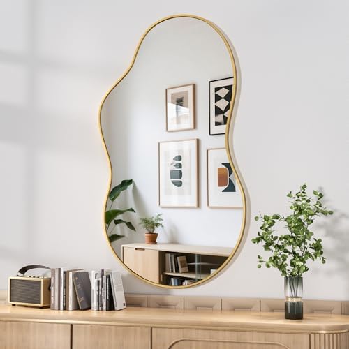 Hasipu 35"x24" Irregular Wall Mirror Gold Asymmetrical Mirror by Whatssuitableisthebest
