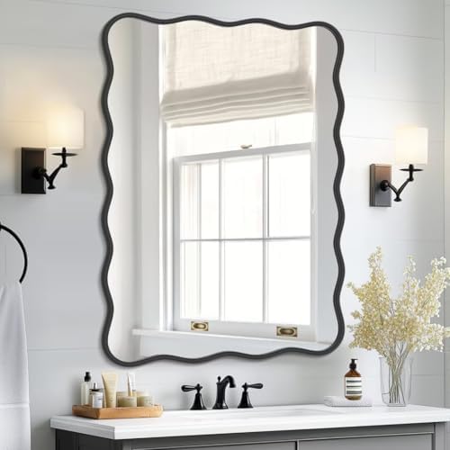 PROHOMEWARE 28x40 Black Wavy Irregular Large Bathroom Mirror, Wall-Mounted by PROHOMEWARE