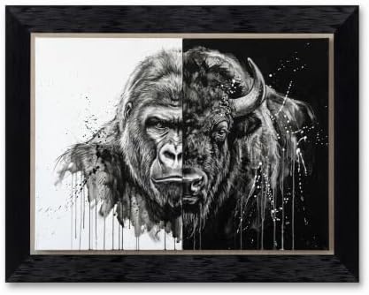 Framed Canvas Wall Art Monochromatic Mixed Media Gorilla and Bison Split View by Unknown
