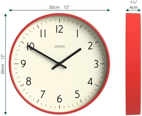JONES CLOCKS® Studio Clock | Modern Round wall Clock | 12" | Red | Easy to Read - Image 3