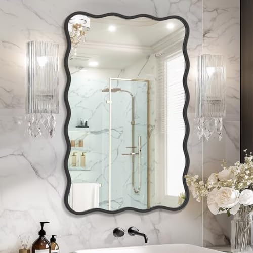 PROHOMEWARE 24x36 Black Wavy Irregular Bathroom Mirror, Wall-Mounted by PROHOMEWARE