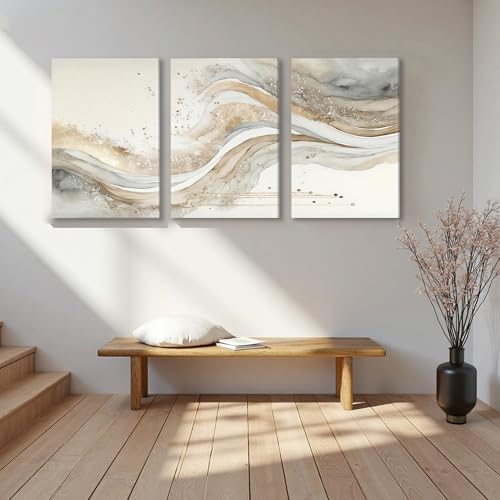 AVECCO Triptych Abstract Gold Grey Wave Wrapped Wall Art Canvas 16x24 Inch - Image 4