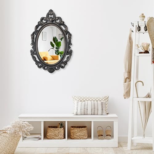 Black Oval Wooden Frame Vintage Wall Mirror Hanging Mirror - Image 7