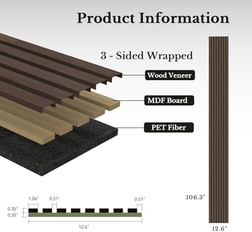 MISSDAY Wood Slat Acoustic Wall Panels, 4 Packs 106.3" x 12.6" Dark Walnut - Image 6