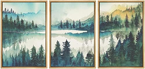 MUDECOR Framed Canvas Print Wall Art Set Watercolor Teal Emerald Green Mountain by MUDECOR