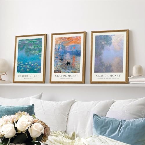 SYWENNOI Triptych Framed Claude Monet Water Lilies Canvas Wall Art 16x24 in - Image 6