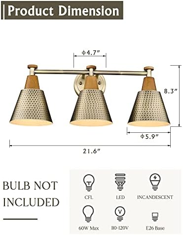 FEMILA Antique Gold Bathroom Vanity Light, 3-Lights Industrial Modern Wall - Image 2
