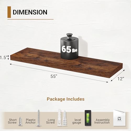 Vivelove 55x12 Floating Shelves 12 Inches Deep, Rustic Brown - Image 3