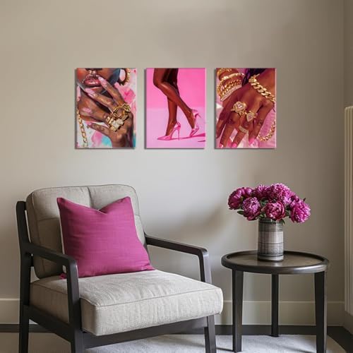 Black Girl Wall Art Set of 3 Pink Fashion Black Woman Canvas Wall Decor - Image 3