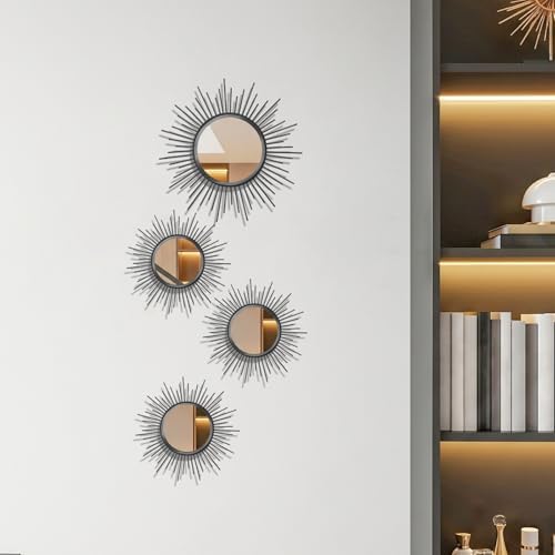 4 Pieces Gold Sunburst Wall Mirror Set Modern Metal Circles - Image 3