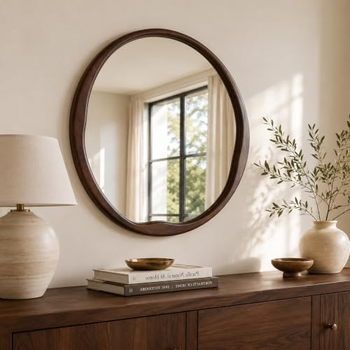 Dark Walnut 36 Inch Round Wood Wall Mirror, Asymmetrical Inner Edge - Image 2