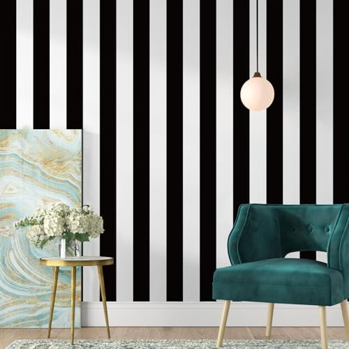 Jeweluck Black and White Striped Wallpaper Peel and Stick Wallpaper Vinyl by Jeweluck