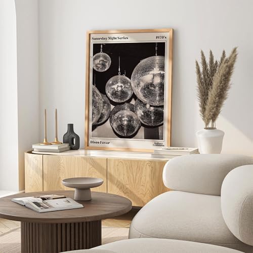 70s Disco Ball Wall Art 16x20in Wood Grain Frame Vintage Black and White - Image 7