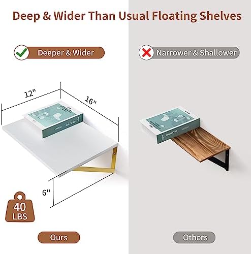 Axeman Deep Floating Shelves for Wall, 12 Inch Deep White and Gold Shelves Set - Image 3