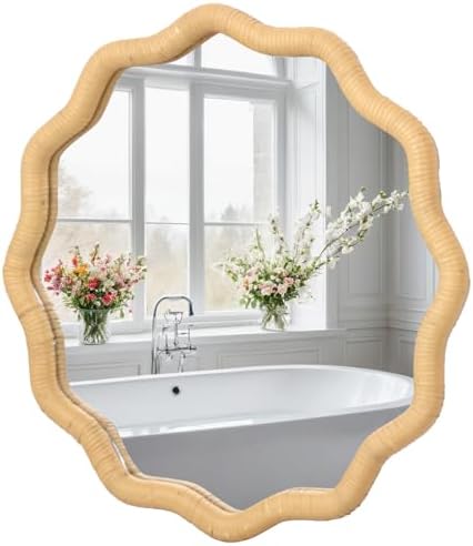 FUIN 20" Round Rattan Wall Mirror, Scalloped Wavy Wicker Frame - Image 2