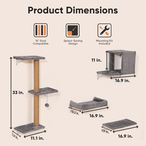 FUKUMARU Cat Wall Shelves, 4 in 1 Set, Light Gray - Image 5