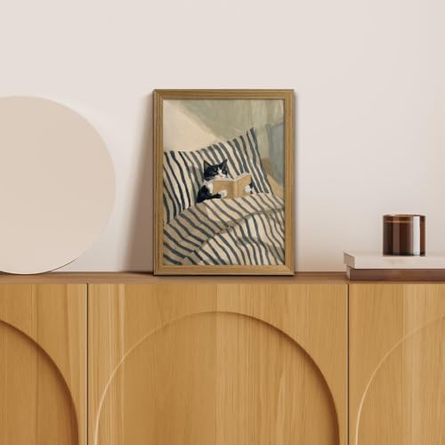 Framed Whimsical Wall Art Tuxedo Cat Reading Book Canvas Print Decor - Image 3