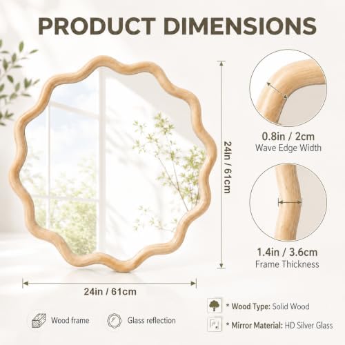 Furnaza 24" Round Wall Mirror, Wooden Boho Wavy Mirror - Image 2