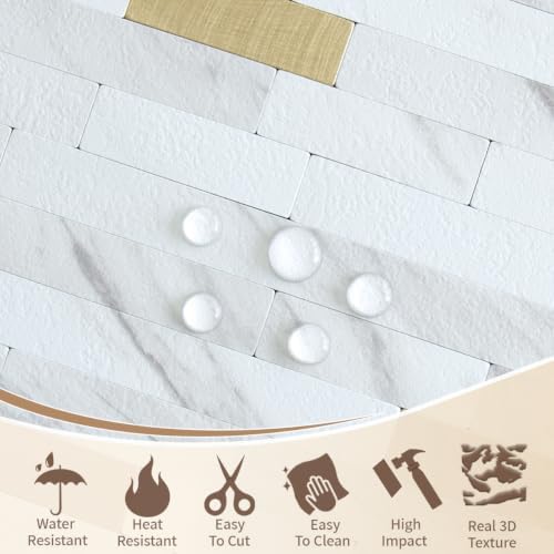 DICOFUN 20 Sheets White Marble Peel and Stick Backsplash, PVC Mixed Metal Gold - Image 3