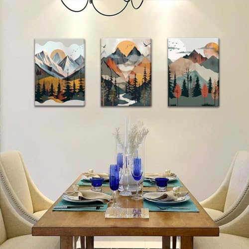 Mountain Canvas Wall Art Set of 3, Boho Sun Forest Abstract Nature Landscape - Image 5