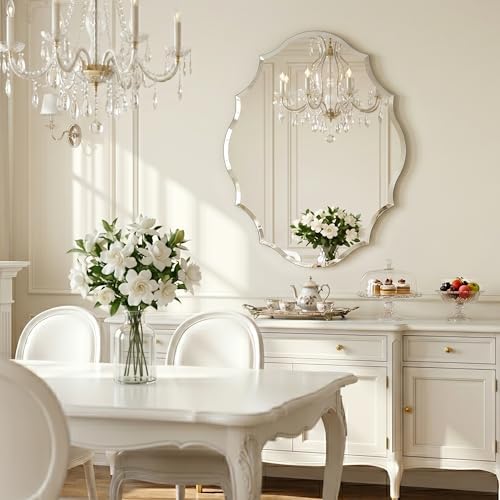 22" x 28" Frameless Scalloped Wall Mirror, Beveled Edge Bathroom Vanity Mirror - Image 4