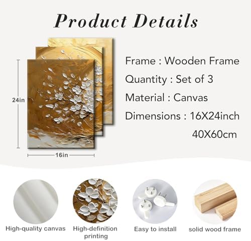 RZIGERNO 3 Pcs Tree of Life Canvas Wall Art Gold White Floral Poster Printing - Image 6