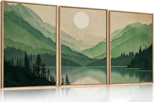 Green Boho Mountain Lake Framed Canvas Wall Art Set-24"x36"x3 - Image 5
