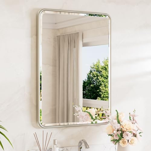 TETOTE Brushed Nickel Mirror 20 x 30 Beveled Edge Tempered Glass, Rounded by TETOTE