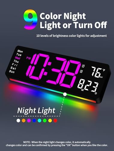 MASHI 16" Easy-Read Large Digital Wall Clock, 9-Color Night Light - Image 3