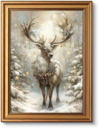 VIYYIEA Christmas Reindeer Wall Art Vintage Winter Deer Painting 12x16 Inch by VIYYIEAART