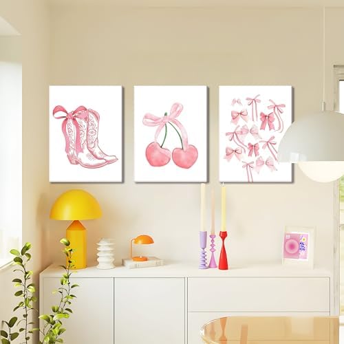 Fashion Pink Bows Wall Art Set of 3, Preppy Watercolor Cherry Cowboy Boots Wall - Image 5