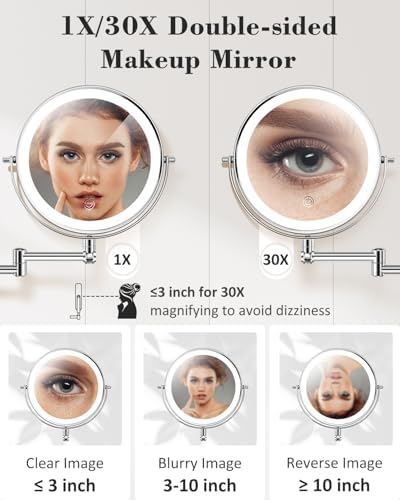 9'' 30X/1X Wall Mounted Height Adjustable Lighted Magnifying Makeup Mirror - Image 3