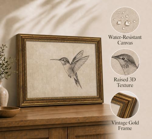 Gold Framed 3D Textured Wall Art, Vintage Sketch Hummingbird Canvas Prints - Image 2