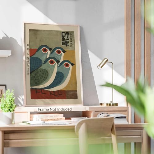 Japanese Mid Century Blue Bird Posters Prints Vintage Animal Canvas Wall Art - Image 4