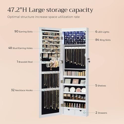 SONGMICS 6 LEDs Mirror Jewelry Cabinet, 47.2-Inch Tall Lockable Wall or Door - Image 5