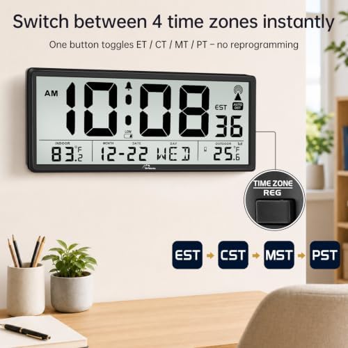 WallarGe Backlight Atomic Wall Clock Battery Operated, Indoor/Outdoor Temp - Image 7
