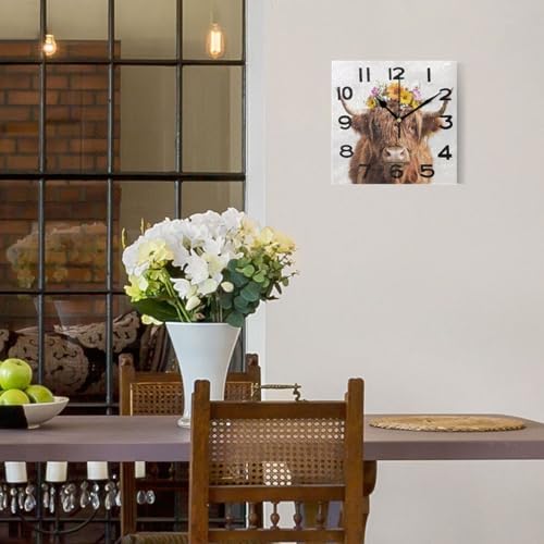 8 Inch Square Wall Clock, Beautiful Highland Cow Flower Spring Non Ticking - Image 2