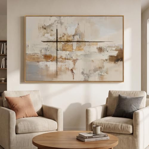 Extra Large Framed Neutral Beige Abstract Wall Art, Horizontal 60x40 In - Image 4