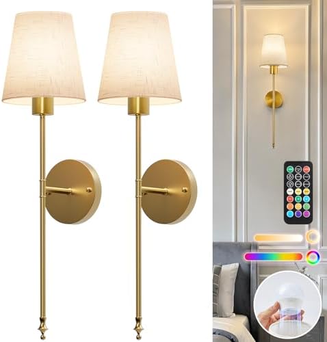 Brightown Battery Operated Wall Sconces Set of Two, Linen Sconces Wall Decor by Brightown