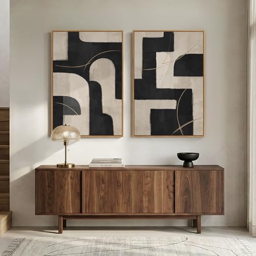 Large Framed Neutral Black and Beige Abstract Wall Art Set of 2, 24x36 In - Image 2