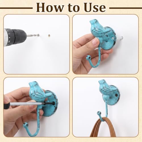 Hicarer 4 Pcs Cast Iron Bird Wall Hooks Rustic Songbird Decor Hangers - Image 4